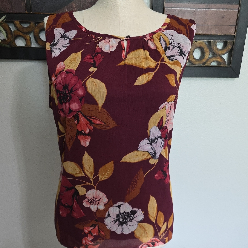 CJ Banks Maroon and Mustard Floral Blouse